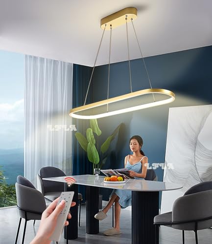 Esszimmerlampe Dimmbar LED Pendelleuchte Gold Moderne Esstisch Hängelampe 41W mit Fernbedienung Oval Design Kronleuchter Höhenverstellbar Hängeleuchte Arbeitszimmer Küche Wohnzimmer Licht L90cm von LFLA