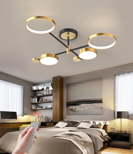LFLA LED Deckenleuchte Dimmbar Große Wohnzimmer leuchte mit Fernbedienung Deckenlampe Modern Schwarz/Gold Metall Acryl Ringe Design Schlafzimmerlampe Esszimmer led Beleuchtung Gold, φ75cm-48W-3700LM von LFLA