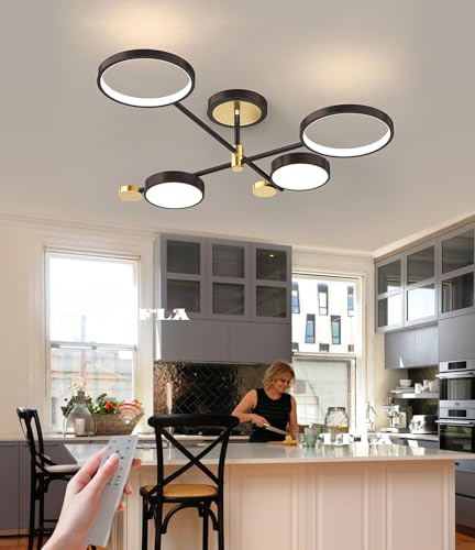 LED Deckenleuchte Dimmbar Große Wohnzimmer leuchte mit Fernbedienung Deckenlampe Modern Schwarz/Gold Metall Acryl Ringe Design Schlafzimmerlampe Esszimmer led Beleuchtung Schwarz, φ75cm-48W-3700LM von LFLA