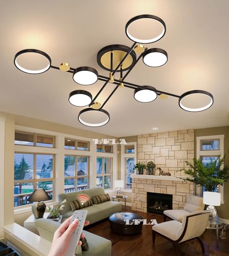 LED Deckenleuchte Dimmbar Große Wohnzimmer leuchte mit Fernbedienung Deckenlampe Modern Schwarz/Gold Metall Acryl Ringe Design Schlafzimmerlampe Esszimmer led Beleuchtung Schwarz, 126cm-96W-10200LM von LFLA