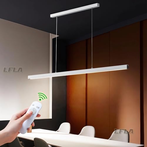 LFLA 120cm Dimmbar LED Pendelleuchte Weiß Kücheninsel Moderne Lineare Esstisch Hängeleuchte mit Fernbedienung Pooltisch-Inselleuchte höhenverstellbar Holzleuchte Kronleuchter für Esszimmer Bürolampe von LFLA