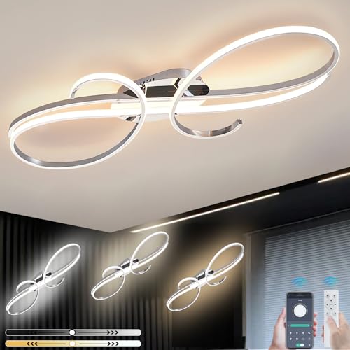 LFLA Deckenlampe Dimmbare Wohnzimmerleuchte LED Deckenleuchte Chrom Metallrahmen Energiesparlampe Mit Fernbedienung & Memory Funktion Deckenbeleuchtung für Wohnzimmer Schlafzimmer (Chrom, 80cm,70W) von LFLA