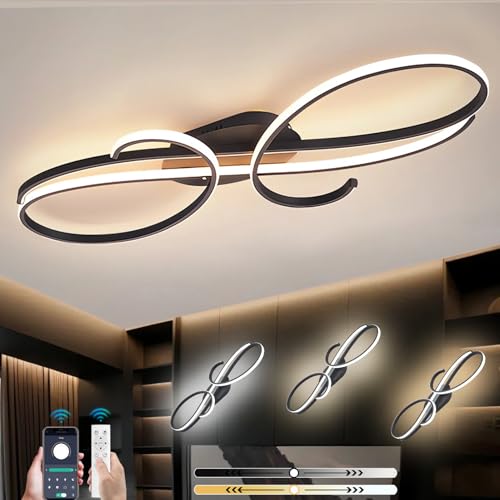 LFLA Deckenlampe Dimmbare Wohnzimmerleuchte LED Deckenleuchte Chrom Metallrahmen Energiesparlampe Mit Fernbedienung & Memory Funktion Deckenbeleuchtung für Wohnzimmer Schlafzimmer (Schwarz, 80cm,70W) von LFLA