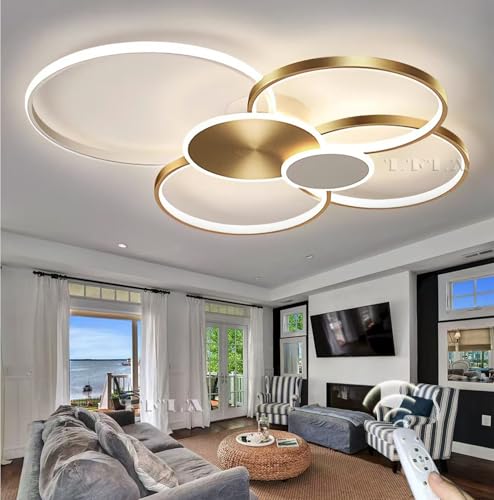 Dimmbar LED-Deckenleuchte 93W Modern Deckenlampe 6-Ringe Design Groß Wohnzimmerlampe Weiß & Gold mit Fernbedienung 3000K-6500K Deckenbeleuchtung Wohnzimmer Schlafzimmer Studio Büro Deckenlicht 100cm von LFLA