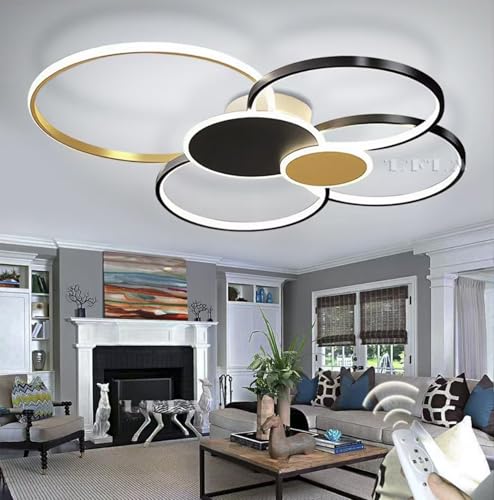 LFLA Dimmbar LED-Deckenleuchte 93W Modern Deckenlampe Schwarz&Gold 6-Ringe Design Wohnzimmerlampe mit Fernbedienung 3000K-6500K Deckenbeleuchtung Wohnzimmer Schlafzimmer Studio Büro Deckenlicht 100cm von LFLA