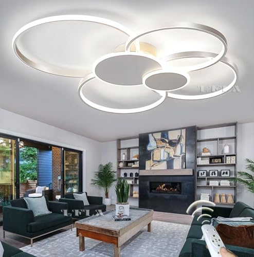 LFLA 100cm Dimmbar LED-Deckenleuchte Modern 93W Weiß Deckenlampe 6-Ringe Design Wohnzimmerlampe mit Fernbedienung 3000K-6500K Deckenbeleuchtung Wohnzimmer Schlafzimmer Studio Büro Deckenlicht von LFLA