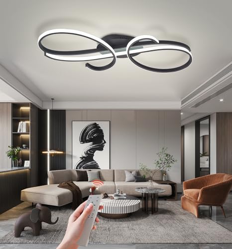 LFLA Dimmbar LED Deckenleuchte Moderne Wohnzimmerlampe mit Memory Funktion Deckenlampe Energiesparlampe Schlafzimmer Esszimmer Büro Beleuchtung mit Fernbedienung 3000-6000K (Schwarz, L80cm-86W) von LFLA
