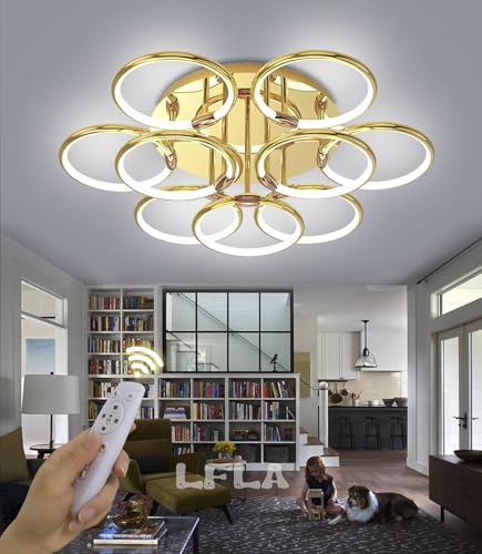 LFLA Dimmbare LED Deckenlampe Ring Wohnzimmerlampe Moderne Gold LED-Deckenleuchte mit Fernbedienung 3000K-6000K Energiesparlampe Deckenbeleuchtung für Wohnzimmer Schlafzimmer Esszimmer (9 Ring) von LFLA