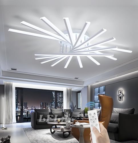 LFLA Dimmbare LED Wohnzimmerlampe Große Moderne Deckenleuchte Kreative Feuerwerk Design Deckenlampe mit Fernbedienung Augenpflege Esszimmer Schlafzimmer Deckenbeleuchtung (Weiß, 9-Flammen,120W,120cm) von LFLA