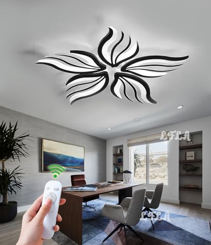 LFLA LED Deckenlampe Dimmbar Modern Deckenleuchte 48W 3770lm Groß Wohnzimmer Acryl Blütenform Design Deckenlicht Mit Fernbedienung Beleuchtung Schlafzimmer Esszimmer Energiesparlampe Schwarz, Ø75cm von LFLA