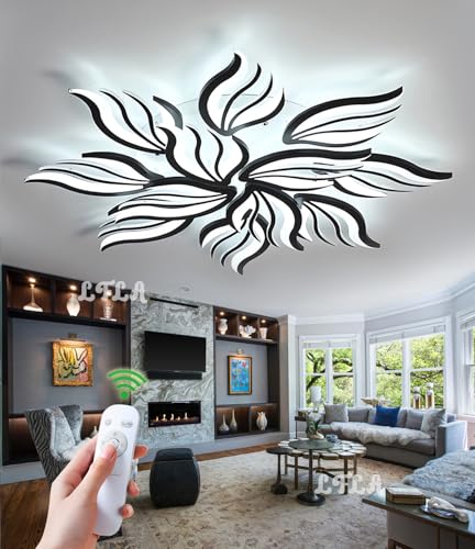 LFLA LED Deckenlampe Dimmbar Modern Deckenleuchte 115W 8520lm Groß Wohnzimmer Acryl Blütenform Design Deckenlicht Mit Fernbedienung Beleuchtung Schlafzimmer Esszimmer Energiesparlampe Schwarz, Ø103cm von LFLA