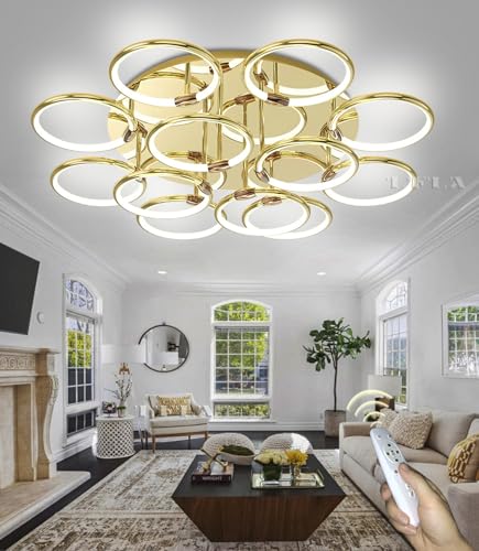 LFLA LED Deckenleuchte Dimmbar mit Fernbedienung & APP Wohnzimmerlampe Gold Moderne Ringform Deckenlampe Energie Sparen Dimming Schlafzimmerlampe Augenpflege Deckenbeleuchtung (12-Flammige) von LFLA
