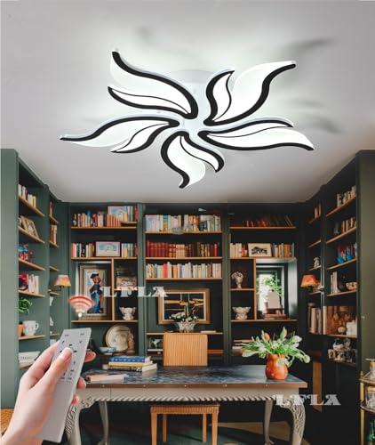 LFLA Moderne LED Deckenleuchte 55W dimmbare Schwarz 5-Heads Wohnzimmerlampe Geometrisches Design mit Fernbedienung & Memory Funktion Deckenbeleuchtung Schlafzimmer Augenpflege Deckenlampe 68cm von LFLA