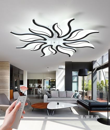 LFLA Moderne LED Deckenleuchte 70W dimmbare Groß Wohnzimmerlampe 8 Heads Geometrisches Design mit Fernbedienung & Memory Funktion Schwarz Deckenbeleuchtung Schlafzimmer Augenpflege Deckenlampe 78cm von LFLA