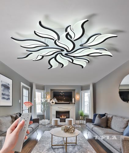 LFLA Moderne LED Deckenleuchte 96W dimmbare Groß Wohnzimmerlampe 12 Heads Geometrisches Design mit Fernbedienung & Memory Funktion Deckenbeleuchtung Schwarz Schlafzimmer Augenpflege Deckenlampe 90cm von LFLA