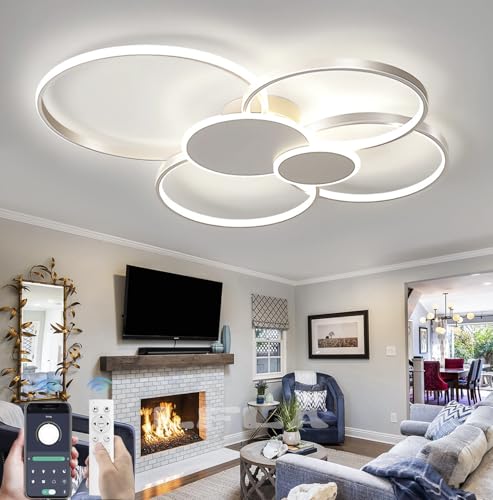 LFLA Moderne LED Deckenleuchte Dimmbar 6-Ring Wohnzimmerlampe Kreative Deckenlampe Mit Fernbedienung Contro Flush Mount Groß Innenbeleuchtung für Schlafzimmer Wohnzimmer Büro (Weiß, 80cm) von LFLA
