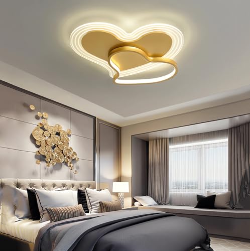 LFLA Moderne LED Deckenleuchte Dimmbar Schlafzimmerlampe 42W Herz Form Design Acryl Deckenlampe mit Fernbedienung Lichtfarbe Helligkeit Farbwechsel für Kinderzimmer Wohnzimmer Schlafzimmer (Gold) von LFLA