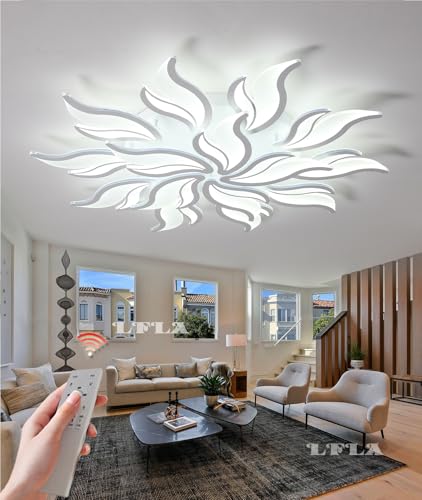 LFLA Moderne LED Deckenleuchte Weiß 108W dimmbare Groß Wohnzimmerlampe 15 Heads Geometrisches Design mit Fernbedienung & Memory Funktion Deckenbeleuchtung Schlafzimmer Augenpflege Deckenlampe 100cm von LFLA