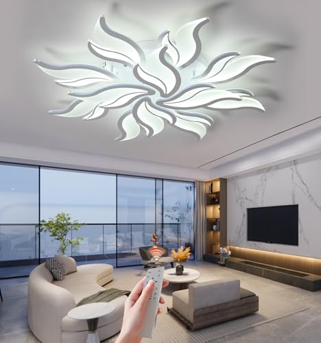 Moderne LED Deckenleuchte 96W，8910LM dimmbare Groß Wohnzimmerlampe 12 Heads Weiß Geometrisches Design mit Fernbedienung & Memory Funktion Deckenbeleuchtung Schlafzimmer Augenpflege Deckenlampe 90cm von LFLA