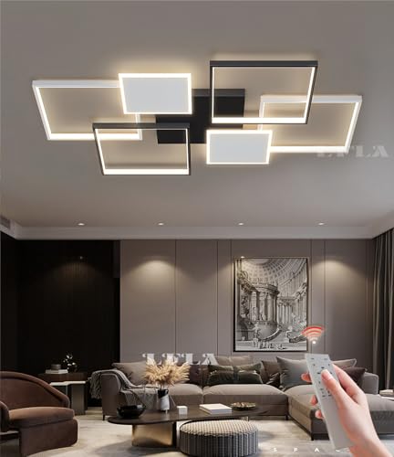 Moderne Wohnzimmerlampe Schwarz 110cm 125W Groß Rechteckige LED Deckenleuchte Dimmbar mit Fernbedienung Geometrisches Design Deckenlampe für Schlafzimmer Esszimmer Wohnzimmer Küche Innenbeleuchtung von LFLA