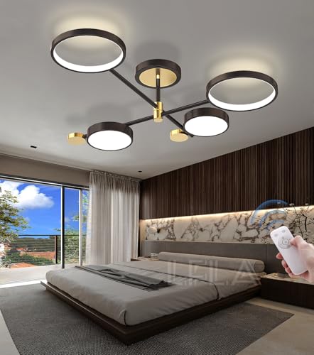 Moderne LED Deckenlampe Dimmbar Schwarz Gold Deckenleuchte Große Wohnzimmerlampe mit Fernbedienung Ringe Kronleuchter led Innenbeleuchtung für Wohnzimmer Schlafzimmer Esszimmer (Schwarz, 4 Köpfe,50W) von LFLA