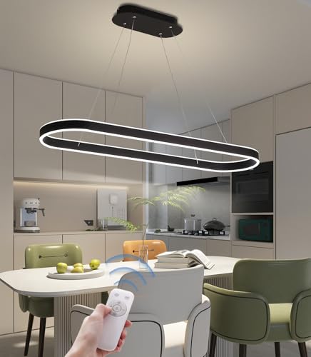 Moderner Esstisch lampen Dimmbar Oval LED Pendelleuchte Kreativität Ring Hängelampe Höhenverstellbarer Kronleuchter mit Fernbedienung Esszimmer Küche Büro Blendfrei Beleuchtung (Schwarz, L80cm) von LFLA