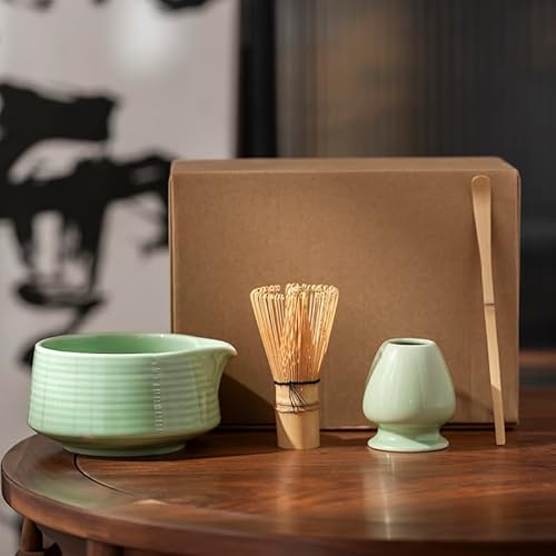 LFPZZL Matcha Set, Matcha Besen Set 4 Stück, Matcha Schalen mit Ausguss, Matcha-Löffel, Matchabesen, Matchabesenhalter, Ideal für Anfänger, Grün von LFPZZL