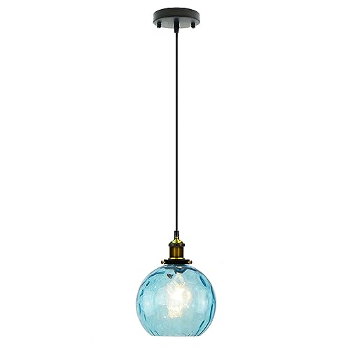 LFsem Pendelleuchte mit 15cm Buntem Wirbelndem Glaskugel-Lampenschirm, Industrielle Antike Bronze-E27-Loft-Bar-Deckenleuchte Hängelampe (Blau) von LFsem