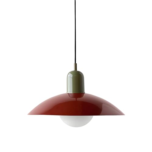 LFsem Vintage Industrie Pendelleuchte Hängelampe mit Buntem Emaille-Metallschirm und Weißer Glaskugel, Höhenverstellbar Deckenleuchte E27 für Küche Esszimmer Schlafzimmer (Rot) von LFsem