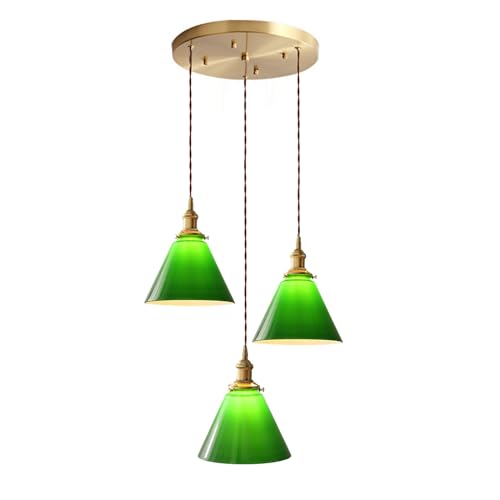 LFsem Vintage Smaragdgrüne Glas-Pendelleuchte mit Messing E27-Fassung, Höhenverstellbare Hängelampe, Esszimmer-Schlafzimmer-Kronleuchter (3-Flammig) von LFsem