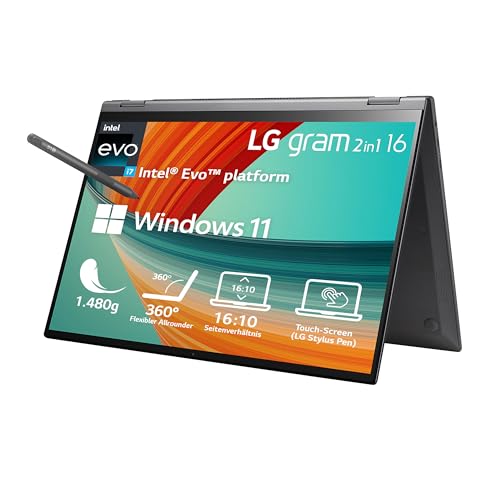 2023 LG Gram 16 Zoll Ultralight 2-in-1 Convertible Notebook & Tablet - 1.480g Intel Core i7 (16GB RAM, 1TB SSD, 16:10 IPS LCD Display mit Pen Touch, Thunderbolt 4, Win 11 Home, Mirametrix) - Schwarz von LG Electronics