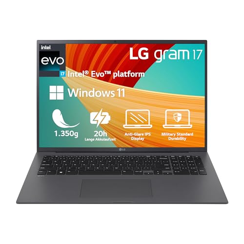 2023 LG gram 17 Zoll Ultralight Notebook - 1.350g Intel Core i7 Laptop (16GB RAM, 512GB SSD, 20h Akkulaufzeit, 16:10 Entspiegeltes IPS-Display, Thunderbolt 4, Win 11 Home, Mirametrix) - Grau von LG Electronics