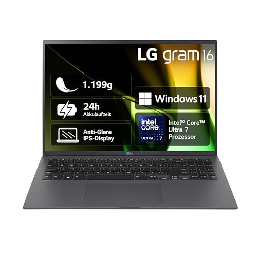 2024 LG gram 16 Zoll Notebook - 1199g Intel Core Ultra7 Laptop (16GB RAM, 1TB Dual SSD, 24h Akkulaufzeit, IPS Panel Anti-Glare Display, Win 11 Home) - Grau von LG Electronics