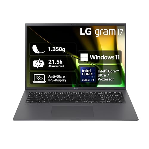 2024 LG gram 17 Zoll Notebook - 1350g Intel Core Ultra7 Laptop (16GB RAM, 1TB Dual SSD, 21,5h Akkulaufzeit, IPS Panel Anti-Glare Display, Win 11 Home) - Grau von LG Electronics