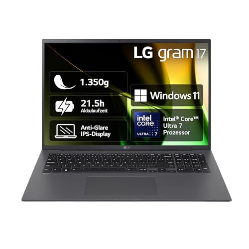 LG gram 17 Zoll Notebook - 1350g Intel Core Ultra7 Laptop (32GB RAM, 2TB Dual SSD, 21,5h Akkulaufzeit, IPS Panel Anti-Glare Display, Win 11 Home, 2024) - Grau von LG