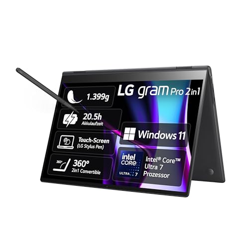 2024 LG gram Pro 16 Zoll 2in1 Notebook - 1399g Intel Core Ultra7 Laptop (16GB RAM, 1TB Dual SSD, 20,5h Akkulaufzeit, OLED Touch Panel, LG Stylus Pen, Win 11 Home) - Schwarz von LG Electronics