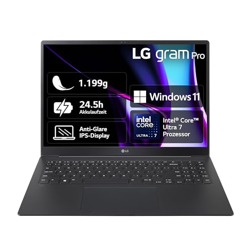 2024 LG gram Pro 16 Zoll Notebook - 1199g Intel Core Ultra7 Laptop (16GB RAM, 1TB Dual SSD, 24,5h Akkulaufzeit, IPS Panel Anti-Glare Display, Win 11 Home) - Schwarz von LG Electronics
