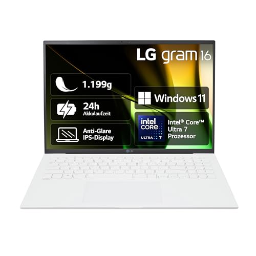 2024 LG gram 16 Zoll Notebook - 1199g Intel Core Ultra7 Laptop (16GB RAM, 1TB Dual SSD, 24h Akkulaufzeit, IPS Panel Anti-Glare Display, Win 11 Home) - Weiß von LG Electronics