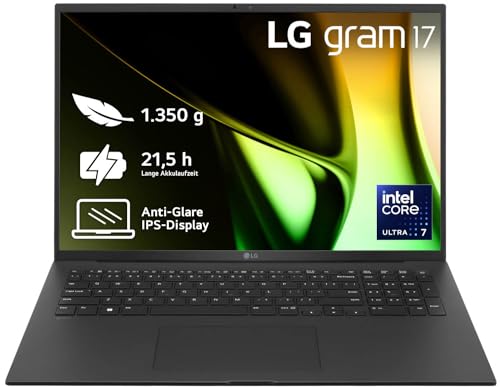 2024 LG gram 17 Zoll Notebook - 1350g Intel Core Ultra7 Laptop (16GB RAM, 1TB Dual SSD, 21,5h Akkulaufzeit, IPS Panel Anti-Glare Display, Win 11 Pro) - Schwarz von LG Electronics
