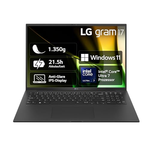 2024 LG gram 17 Zoll Notebook - 1350g Intel Core Ultra7 Laptop (16GB RAM, 512GB Dual SSD, 21,5h Akkulaufzeit, IPS Panel Anti-Glare Display, Win 11 Home) - Schwarz von LG Electronics