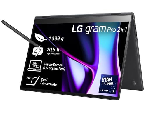 2024 LG gram Pro 16 Zoll 2in1 Notebook - 1399g Intel Core Ultra7 Laptop (16GB RAM, 1TB Dual SSD, 20,5h Akkulaufzeit, OLED Touch Panel, LG Stylus Pen, Win 11 Pro) - Schwarz von LG Electronics
