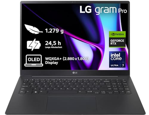 2024 LG gram Pro 16 Zoll Notebook - 1199g Intel Core Ultra7 Laptop (32GB RAM, 2TB Dual SSD, 24,5h Akkulaufzeit, IPS Panel Anti-Glare Display, Win 11 Pro) - Schwarz von LG