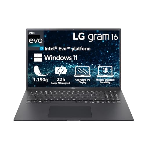 2023 LG gram 16 Zoll Notebook - 1,190g Intel Core i7 Prozessor (16GB LPDDR4x RAM, 512GB SSD, 80h Akkulaufzeit, Intel Iris Xe Graphics, Win 11 Home) - Schwarz von LG Electronics