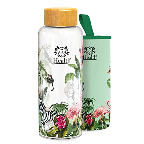 LG Luxury & Grace Glasflasche 450 ml. Wiederverwendbare Trinkflasche aus Glas mit Bambusstopfen. Wasserflasche mit Neoprenhülse. Leichtes und BPA-freies Design. von LG Luxury & Grace