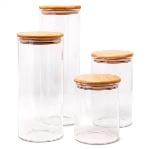 LG Luxury & Grace Set 4 Vorratsgläser mit Bambus-Deckel, 0,7 L + 1 L. Vorratdosen aus Glas. Luftdichte Gläser mit Holzdecker. Mit Etiketten und Markern. von LG Luxury & Grace