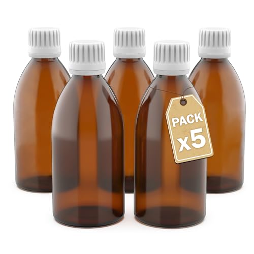 LG Luxury & Grace Set 5 Glas-Flaschen, 250 ml. Braunglas-Flaschen. Tropfflaschen mit Schraubverschluss. Nachfüllbare Flaschen. Dosierung und Lagerung flüssiger Substanzen. von LG Luxury & Grace