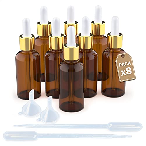LG Luxury & Grace Set 8 Pipettenflasche, 30 ml. Flasche Braunglas. Glaspipette aus Weißem und Vergoldeter Schraubverschluss. Tropfflaschen für: Öl, Aromatherapie und Labor. von LG Luxury & Grace