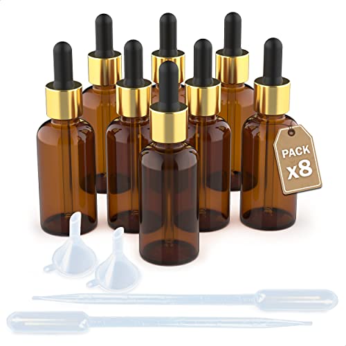 LG Luxury & Grace Set 8 Pipettenflasche, 30 ml. Flasche Braunglas. Glaspipette und Vergoldeter Schraubverschluss. Tropfflaschen für: Öl, Aromatherapie und Labor. von LG Luxury & Grace