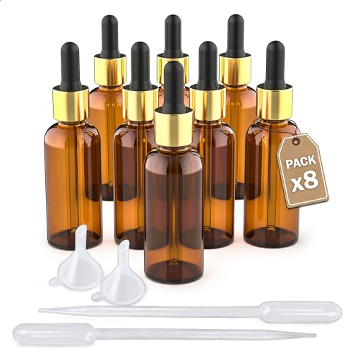 LG Luxury & Grace Set 8 Pipettenflasche, 50 ml. Flasche Braunglas. Glaspipette und Vergoldeter Schraubverschluss. Tropfflaschen für: Öl, Aromatherapie und Labor. von LG Luxury & Grace