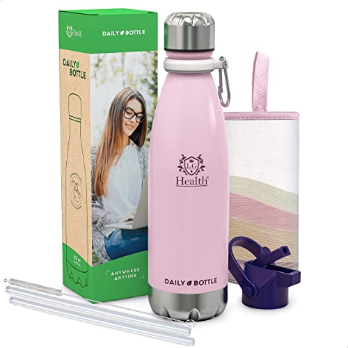 LG Luxury & Grace Trinkflasche aus Edelstahl 500 ml. BPA-freie Thermoflasche für heiße und kalte Getränke. Doppelwandige Wasserflasche mit Hermetischem Verschluss. Neoprentasche + Karabiner. von LG Luxury & Grace